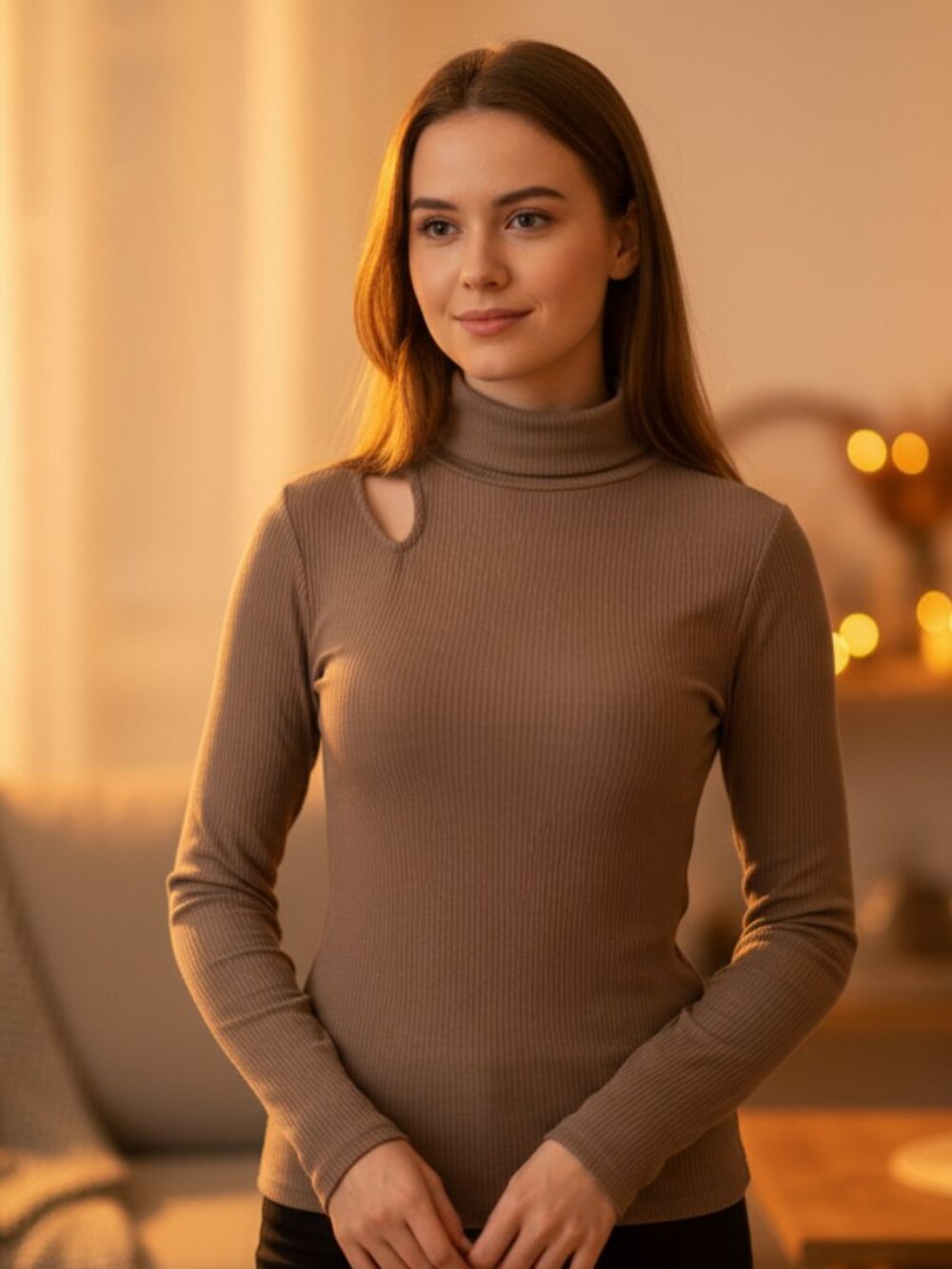 Chic Brown Ribbed Cutout Turtleneck Long Sleeve Top